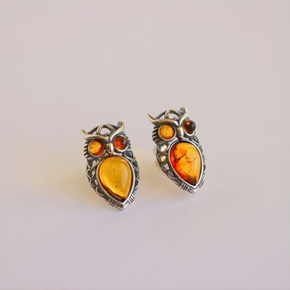 Baltic Amber Owl Stud Earrings in Sterling Silver - Picture 2 of 5